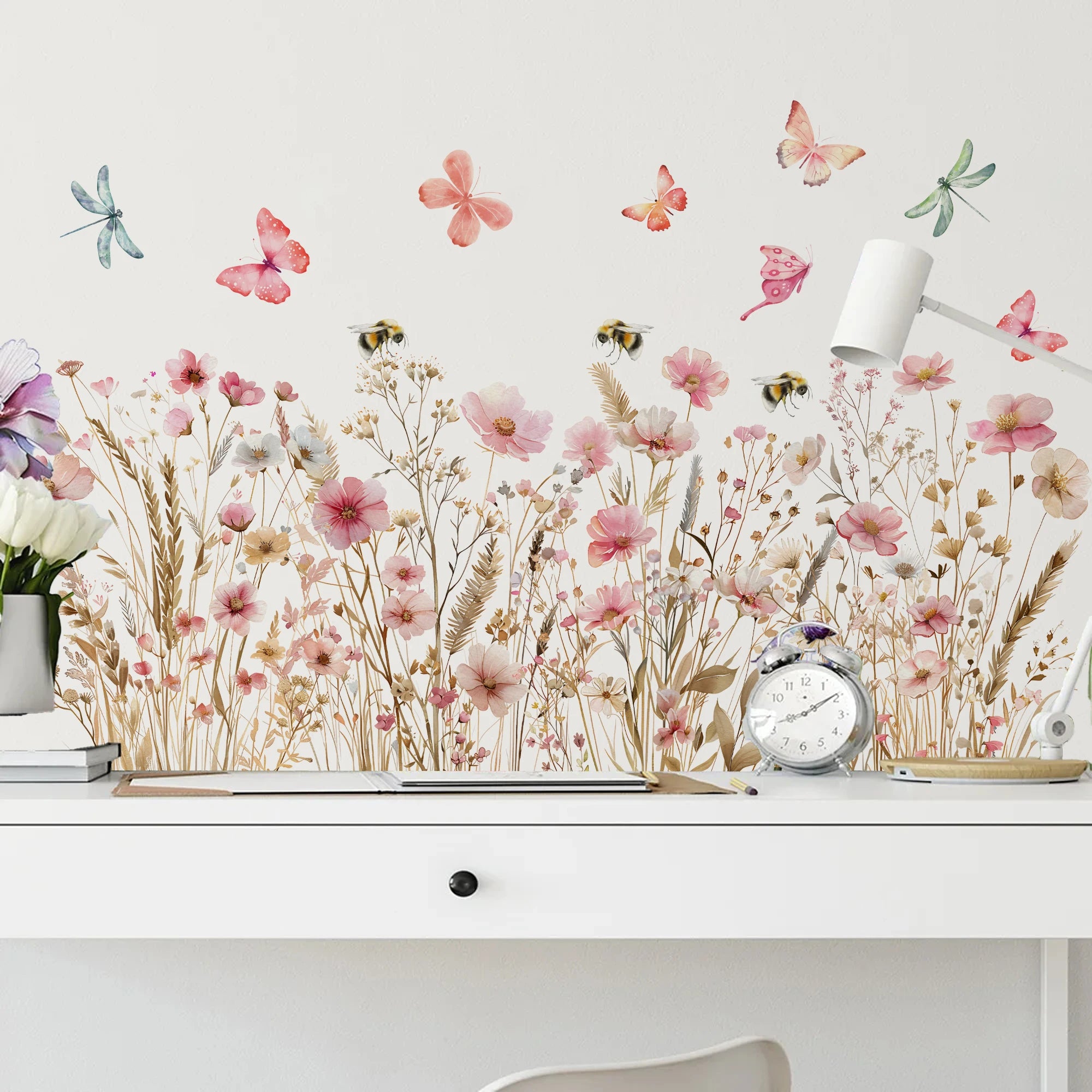 Painted flowers butterfly bee Wall Sticker Living Room Girls Background Decal Mural Bedroom Living Home Decor Self-adhesive by HARMONYA STORE