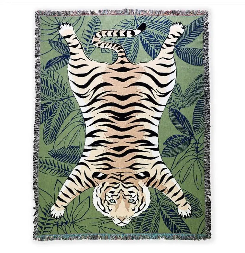 Textile City Jungle Green Tiger Throw Blanket Tropical Palm Leaf Woven Tapestry Wild Animal Safari Decorative Sofa Throw Blanket by HARMONYA STORE