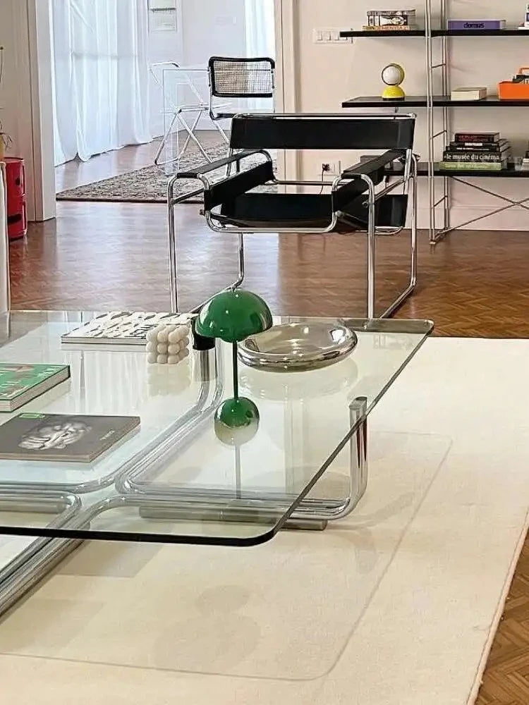 Transparent Square Glass Coffee Table, Stainless Steel Low Table by HARMONYA STORE