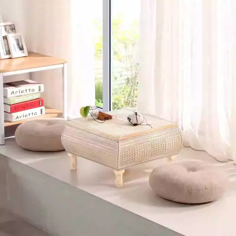 Handwoven Rattan Tatami Stand Minimalist Bay Window Tea Table Solid Wood Desk Rustic Furniture Window-Side Table by HARMONYA STORE