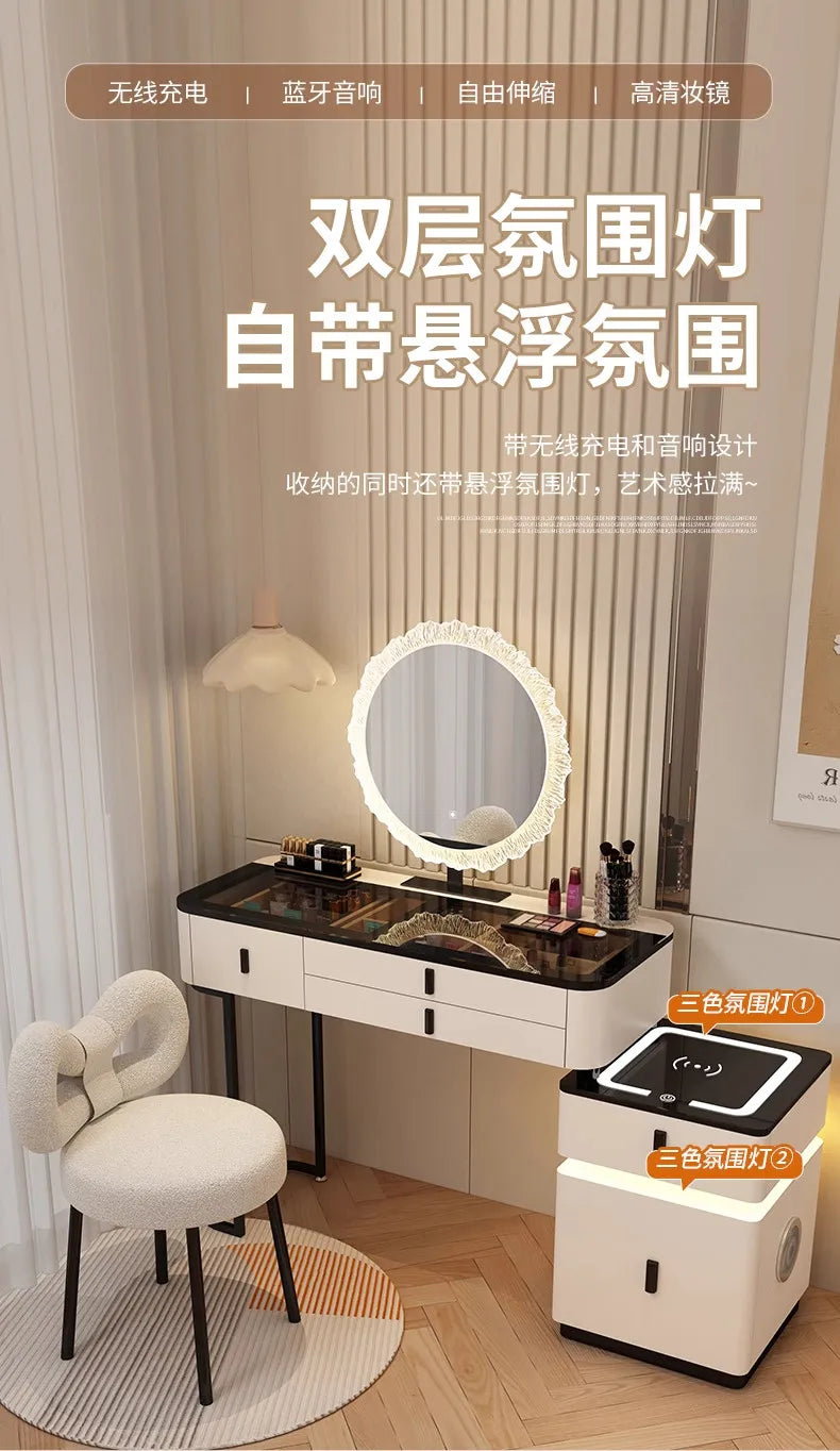 Modern Minimalist Dressing Table Woman Makeup Desk Bedroom Wireless Charging Bedside Table Mirror Stool Comfortable Furniture by HARMONYA STORE