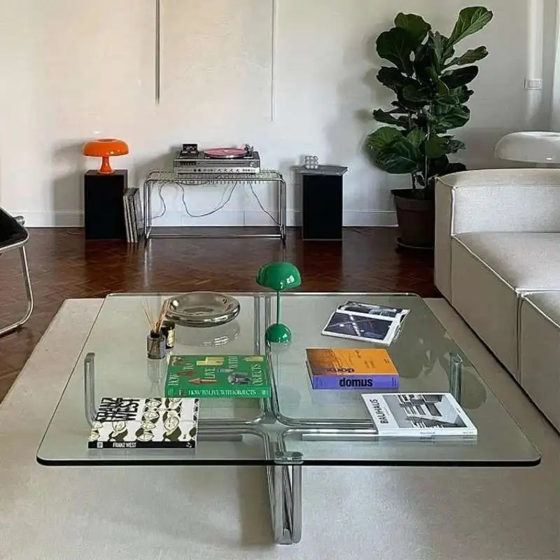 Transparent Square Glass Coffee Table, Stainless Steel Low Table by HARMONYA STORE