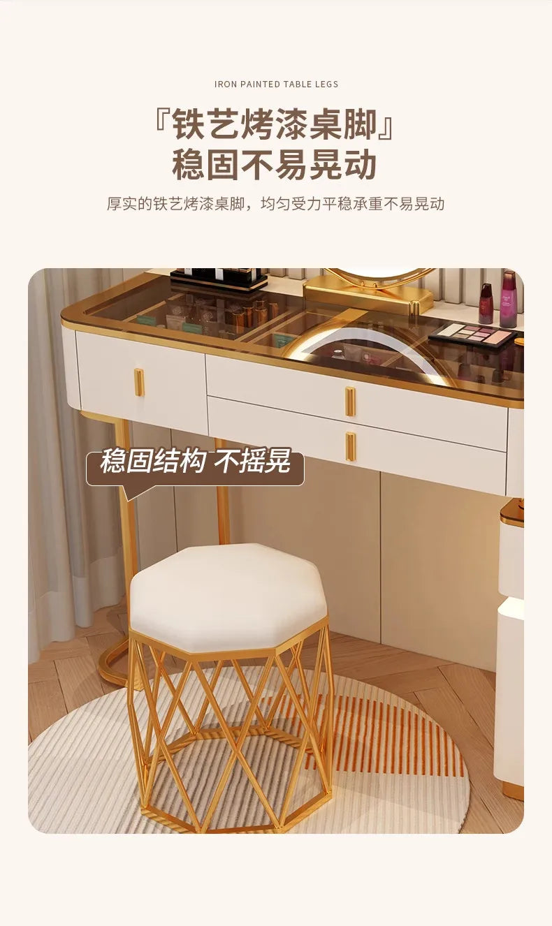 Modern Minimalist Dressing Table Woman Makeup Desk Bedroom Wireless Charging Bedside Table Mirror Stool Comfortable Furniture by HARMONYA STORE