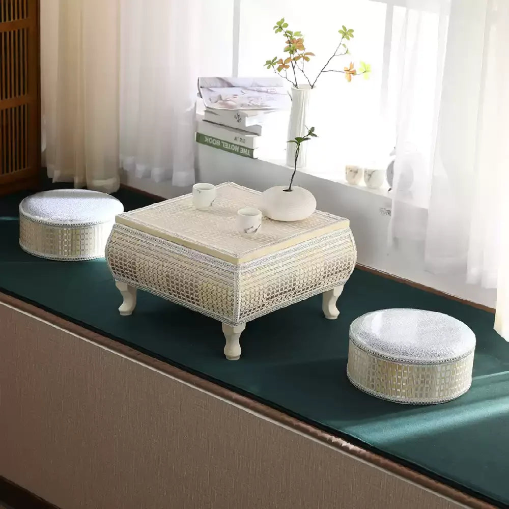 Handwoven Rattan Tatami Stand Minimalist Bay Window Tea Table Solid Wood Desk Rustic Furniture Window-Side Table by HARMONYA STORE