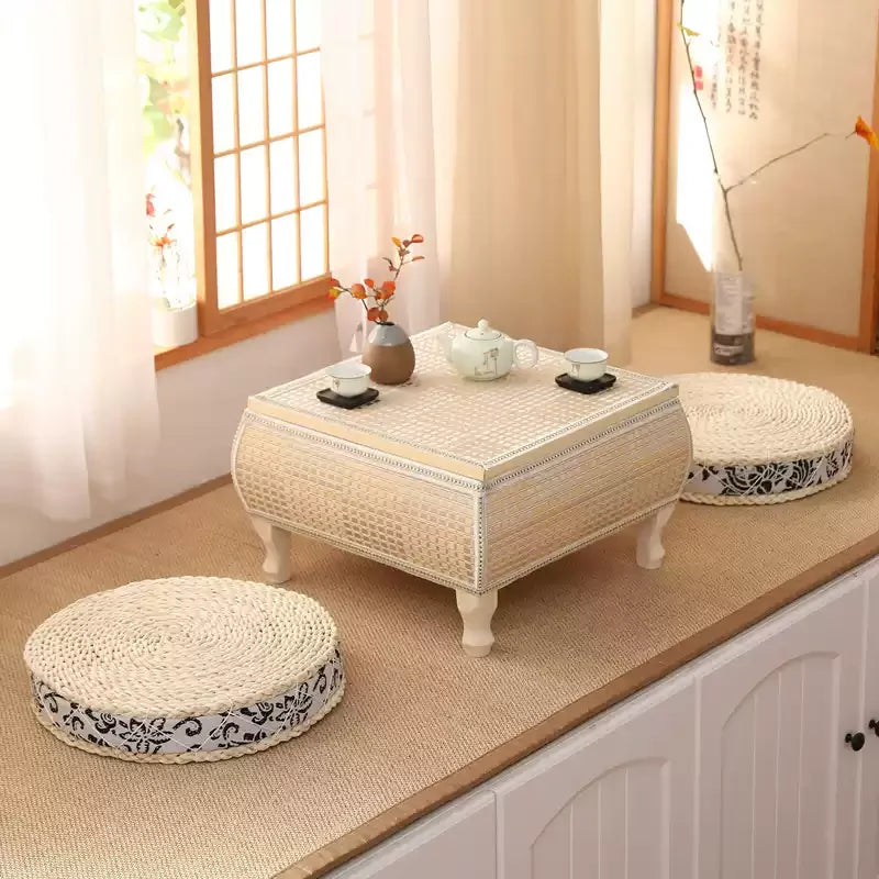 Handwoven Rattan Tatami Stand Minimalist Bay Window Tea Table Solid Wood Desk Rustic Furniture Window-Side Table by HARMONYA STORE
