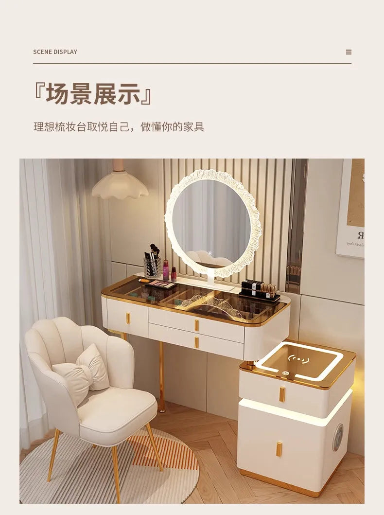 Modern Minimalist Dressing Table Woman Makeup Desk Bedroom Wireless Charging Bedside Table Mirror Stool Comfortable Furniture by HARMONYA STORE