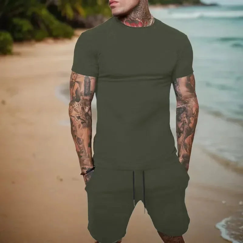 2025 summer new men's breathable sportswear short sleeved t-shirt and shorts set popular quick drying clothing by HARMONYA STORE
