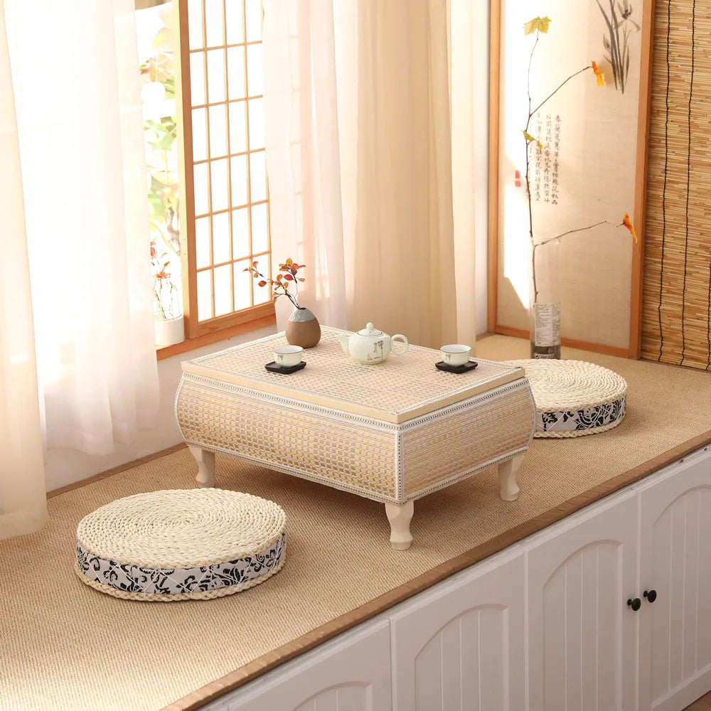 Handwoven Rattan Tatami Stand Minimalist Bay Window Tea Table Solid Wood Desk Rustic Furniture Window-Side Table by HARMONYA STORE