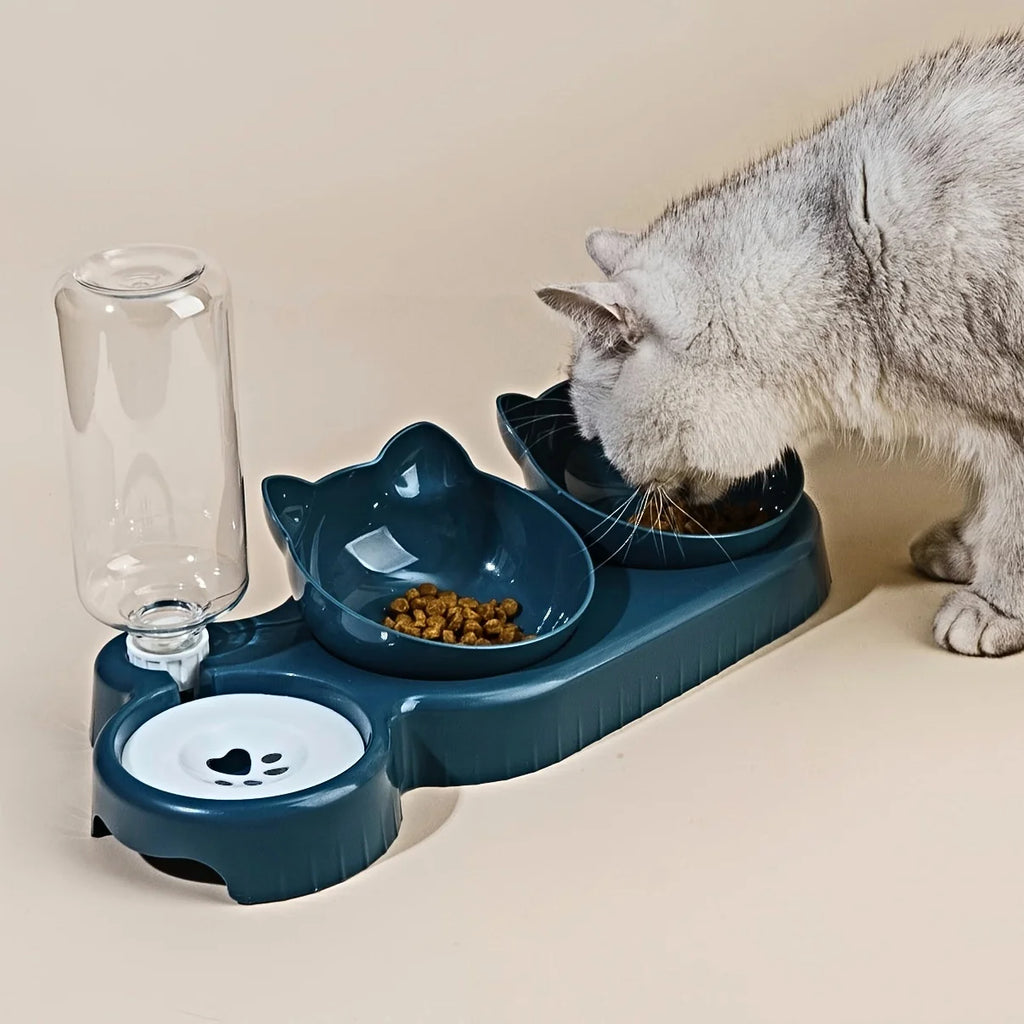 Pet Bowls With Water Feeder, 3 In 1 Ear Design Tilted Cat Water And Food Bowl Set With Gravity Water Bottle For Neck Protection by HARMONYA STORE