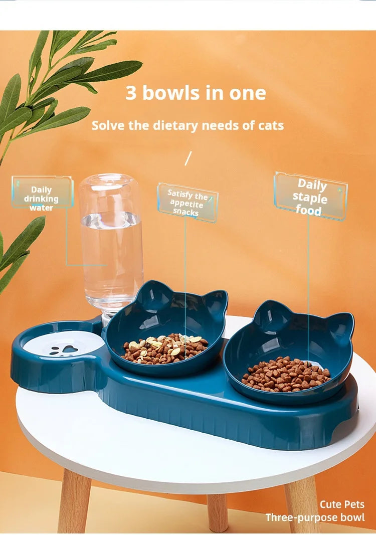 Pet Bowls With Water Feeder, 3 In 1 Ear Design Tilted Cat Water And Food Bowl Set With Gravity Water Bottle For Neck Protection by HARMONYA STORE