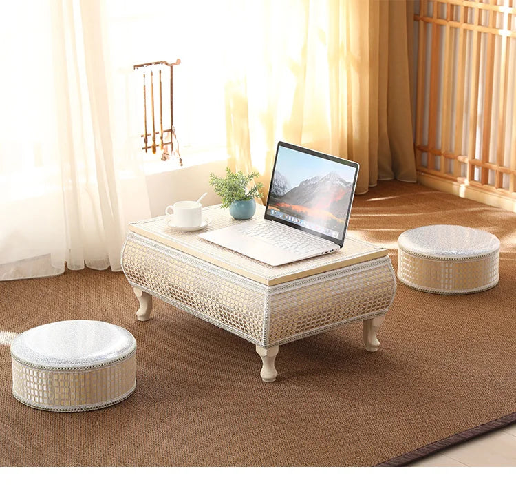 Handwoven Rattan Tatami Stand Minimalist Bay Window Tea Table Solid Wood Desk Rustic Furniture Window-Side Table by HARMONYA STORE