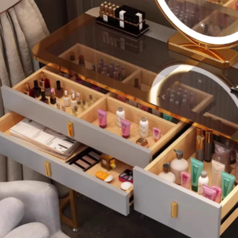 Modern Minimalist Dressing Table Woman Makeup Desk Bedroom Wireless Charging Bedside Table Mirror Stool Comfortable Furniture by HARMONYA STORE