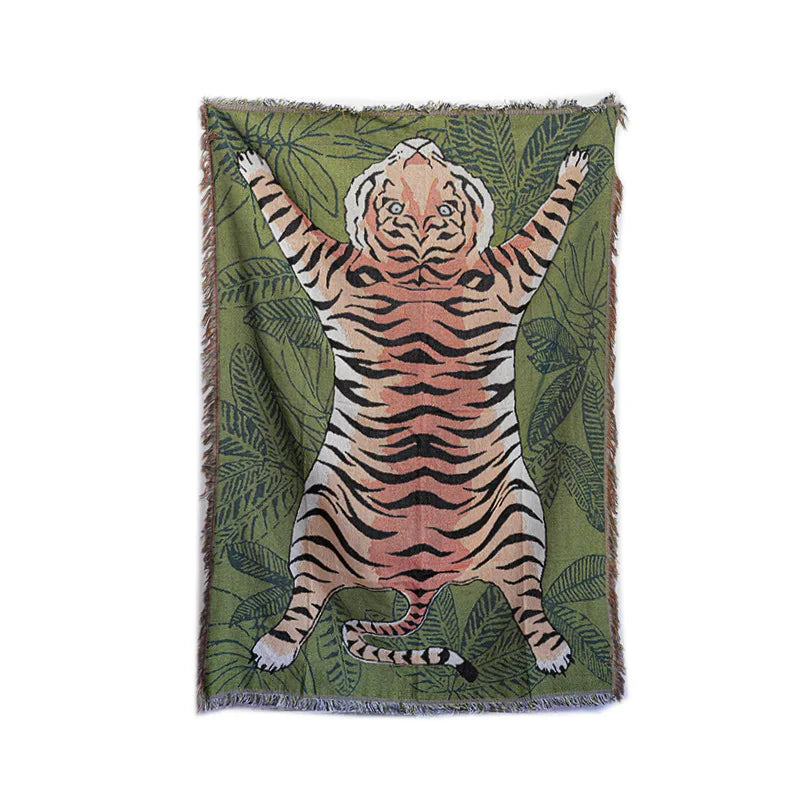 Textile City Jungle Green Tiger Throw Blanket Tropical Palm Leaf Woven Tapestry Wild Animal Safari Decorative Sofa Throw Blanket by HARMONYA STORE