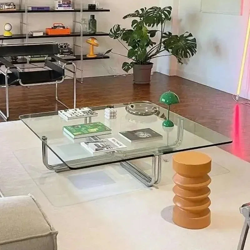 Transparent Square Glass Coffee Table, Stainless Steel Low Table by HARMONYA STORE
