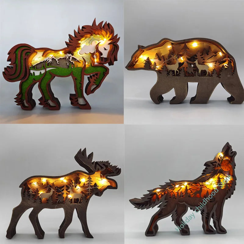 Wooden Animal Wolf Statue Creativity Wolf Totem Office Home Decorate Crafts Christmas Gift North Forest Elk Brown Bear Ornaments by HARMONYA STORE