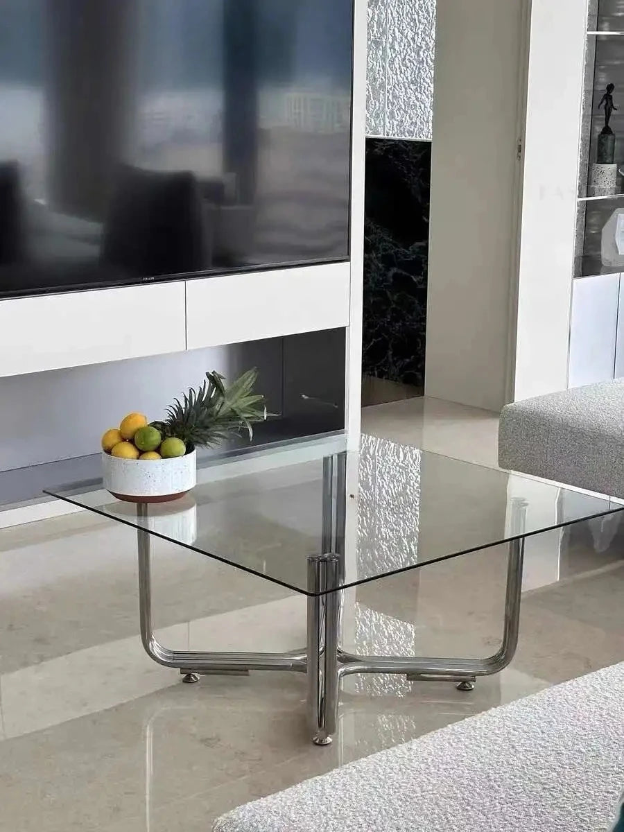Transparent Square Glass Coffee Table, Stainless Steel Low Table by HARMONYA STORE