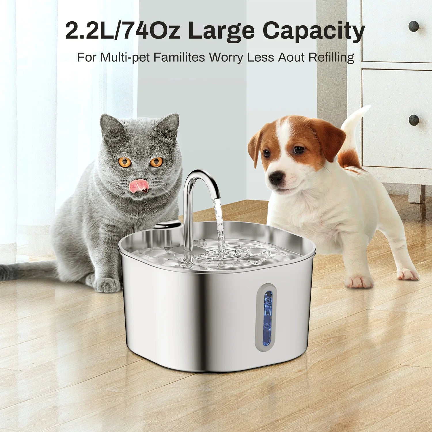 ZYFeeder 2.2L Automatic Cat Water Fountain Square Stainless Steel Pet Water Feeder Dog Water Fountain with window（No 5V 1A Plug） by HARMONYA STORE