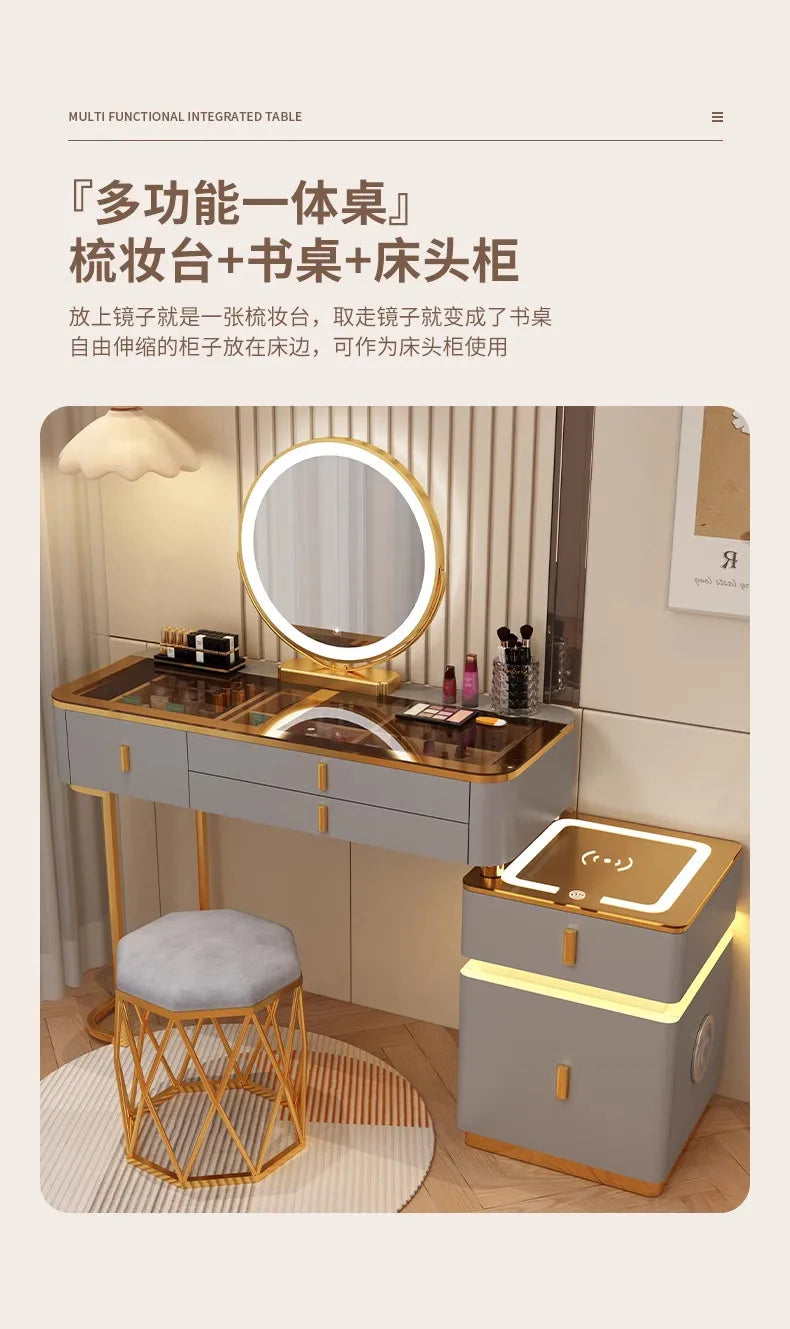 Modern Minimalist Dressing Table Woman Makeup Desk Bedroom Wireless Charging Bedside Table Mirror Stool Comfortable Furniture by HARMONYA STORE