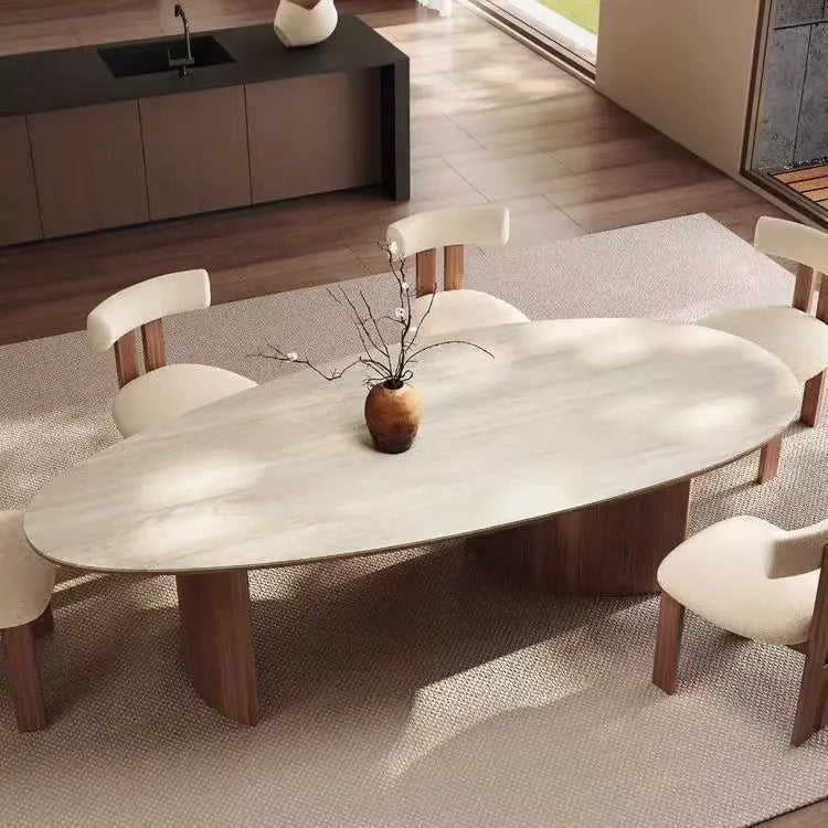 French medieval style water drop-shaped travertine rock slab dining table walnut solid wood home retro silent wind solid wood di by HARMONYA STORE