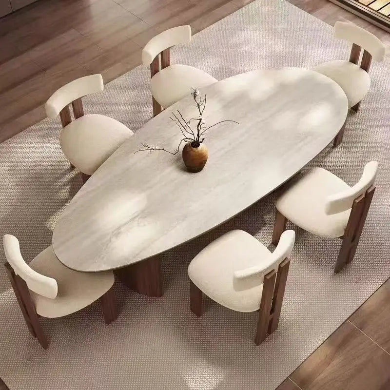 French medieval style water drop-shaped travertine rock slab dining table walnut solid wood home retro silent wind solid wood di by HARMONYA STORE
