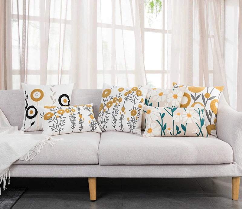 Home Decor Cushion Cover Daisy Floral Geometric 45x45cm/30x50cm Yellow Blue Embroidery Pillow Cover Soft Cozy for living room by HARMONYA STORE