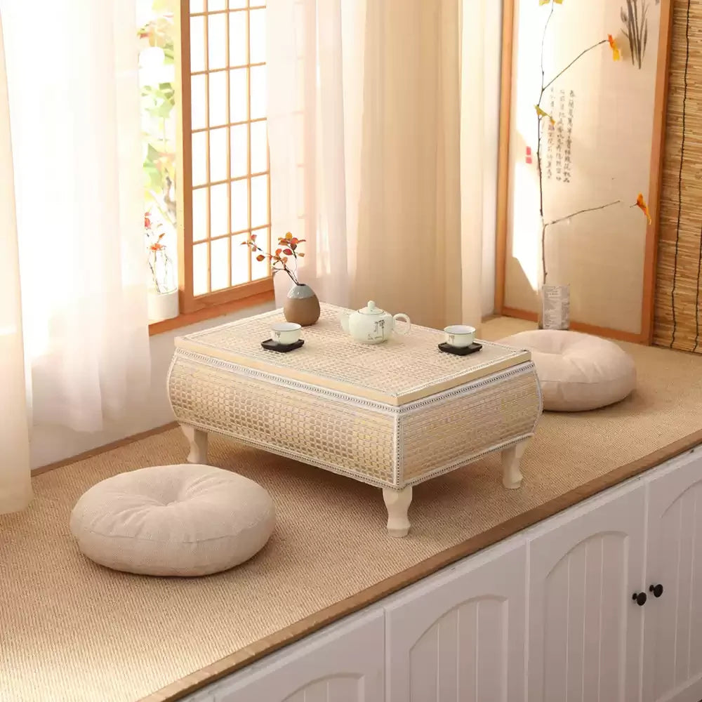Handwoven Rattan Tatami Stand Minimalist Bay Window Tea Table Solid Wood Desk Rustic Furniture Window-Side Table by HARMONYA STORE
