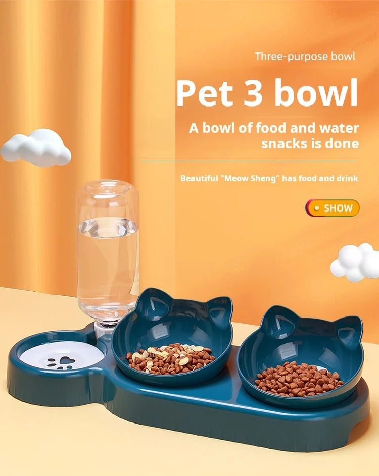 Pet Bowls With Water Feeder, 3 In 1 Ear Design Tilted Cat Water And Food Bowl Set With Gravity Water Bottle For Neck Protection by HARMONYA STORE