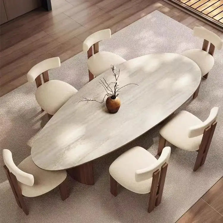 French medieval style water drop-shaped travertine rock slab dining table walnut solid wood home retro silent wind solid wood di by HARMONYA STORE