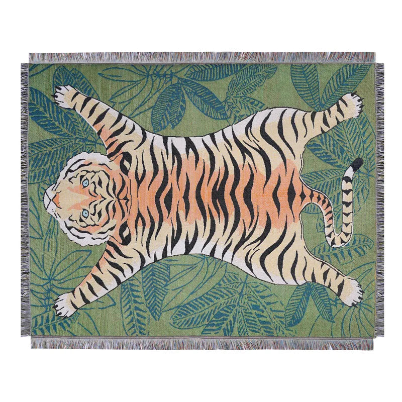 Textile City Jungle Green Tiger Throw Blanket Tropical Palm Leaf Woven Tapestry Wild Animal Safari Decorative Sofa Throw Blanket by HARMONYA STORE