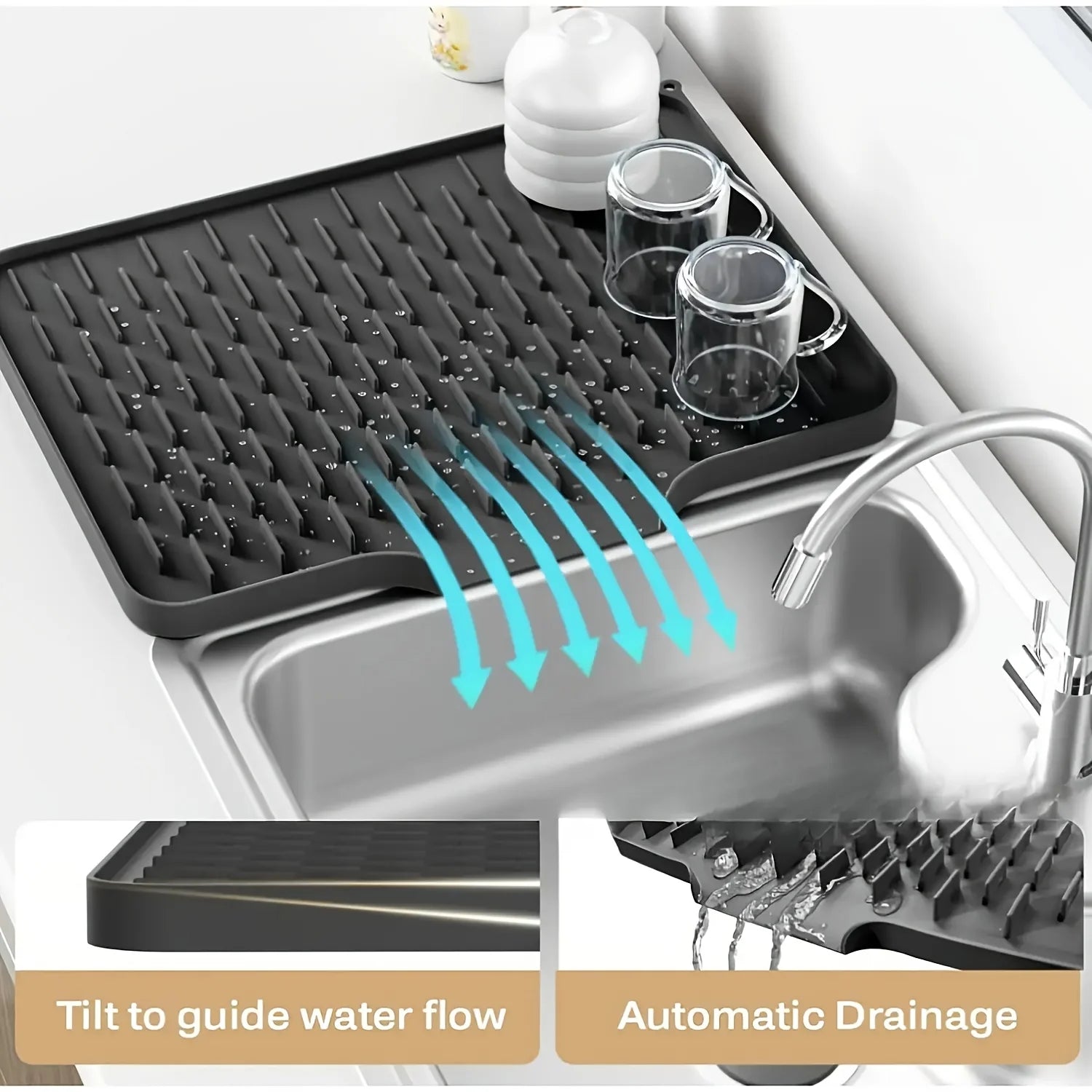 Kitchen Silicone Drain Mat with Built-in Drainage Design, Easy to Clean, Suitable for Countertops, Sinks, Refrigerators by HARMONYA STORE