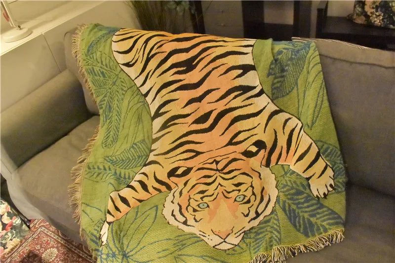 Textile City Jungle Green Tiger Throw Blanket Tropical Palm Leaf Woven Tapestry Wild Animal Safari Decorative Sofa Throw Blanket by HARMONYA STORE