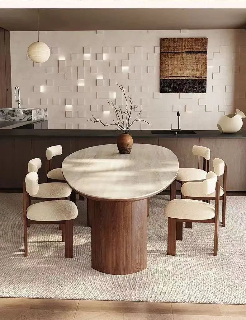 French medieval style water drop-shaped travertine rock slab dining table walnut solid wood home retro silent wind solid wood di by HARMONYA STORE