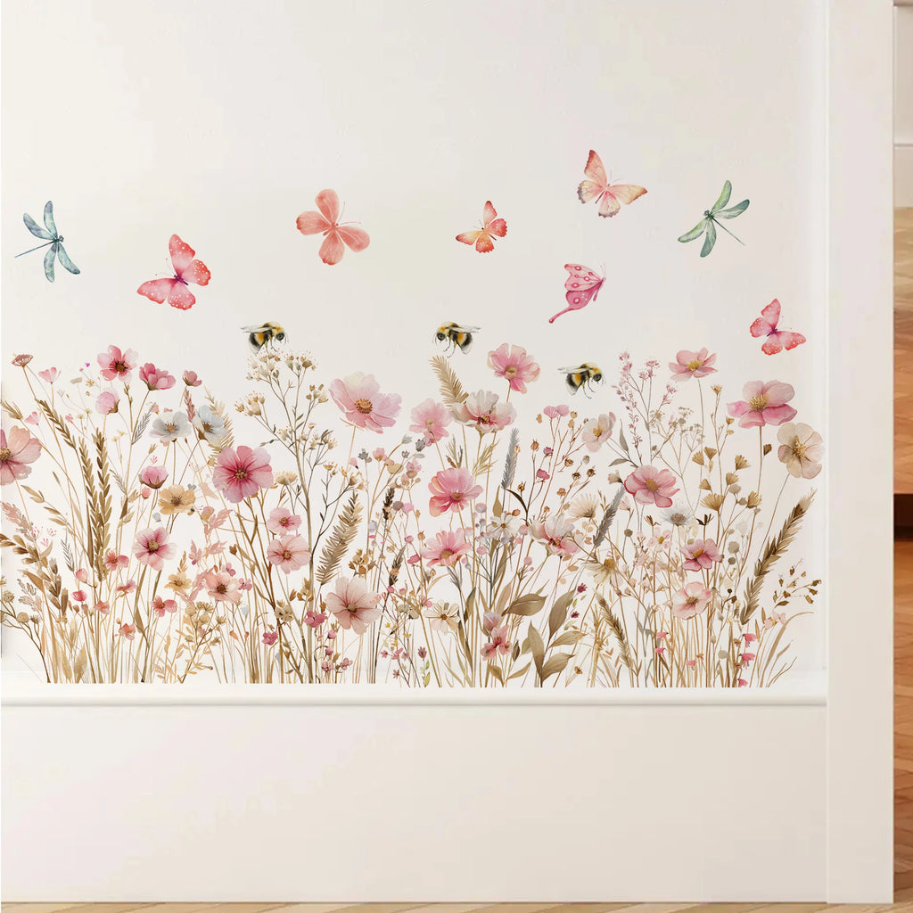 Painted flowers butterfly bee Wall Sticker Living Room Girls Background Decal Mural Bedroom Living Home Decor Self-adhesive by HARMONYA STORE