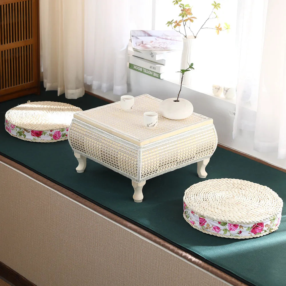 Handwoven Rattan Tatami Stand Minimalist Bay Window Tea Table Solid Wood Desk Rustic Furniture Window-Side Table by HARMONYA STORE