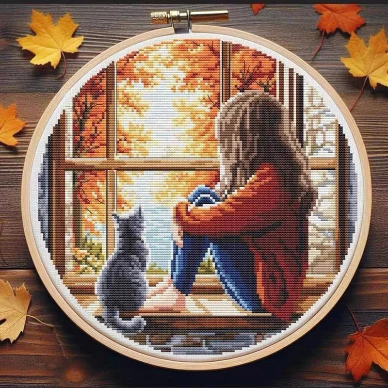 Amishop Counted Cross Stitch Kit, Winter Girl and Fox, Autumn Girl and Cat, Hydrangea, Embroidery, Reading Girl, Home Decorate by HARMONYA STORE