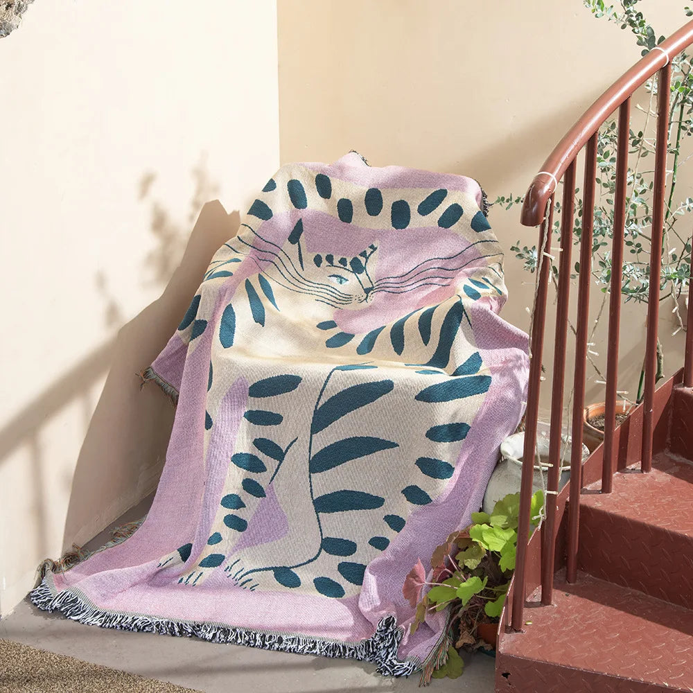Boho Abstract Cat Jacquard Throw Blanket Artistic Leopard Print Woven Tapestry with Fringe Bohemian Animal Print Decor Throw by HARMONYA STORE
