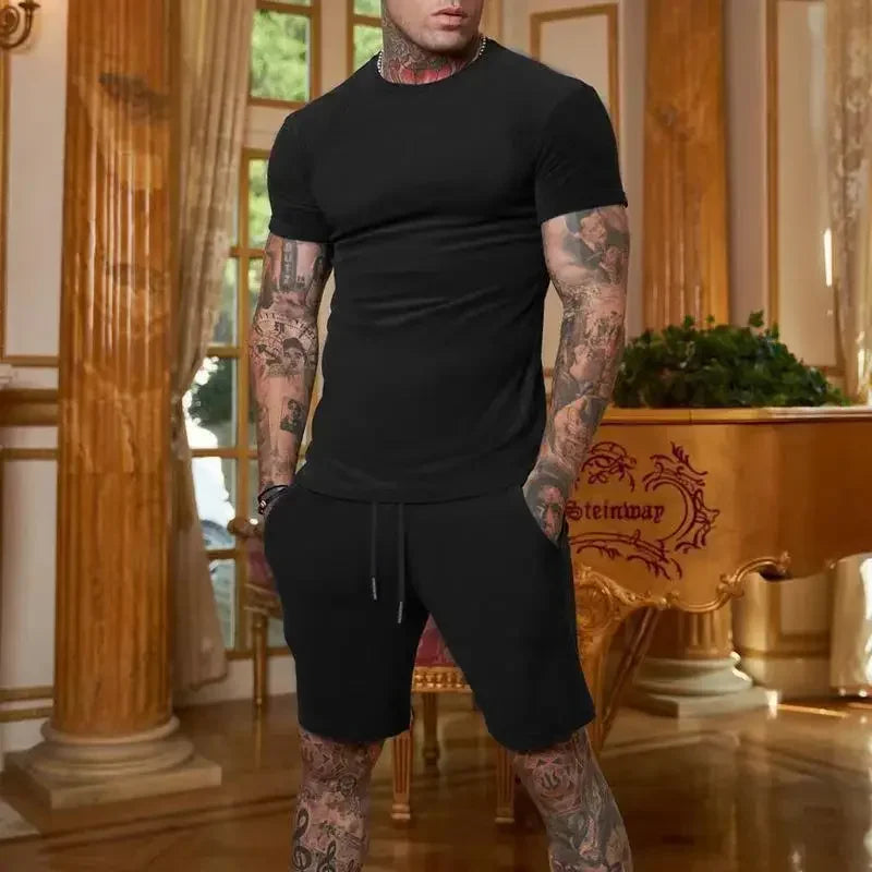 2025 summer new men's breathable sportswear short sleeved t-shirt and shorts set popular quick drying clothing by HARMONYA STORE