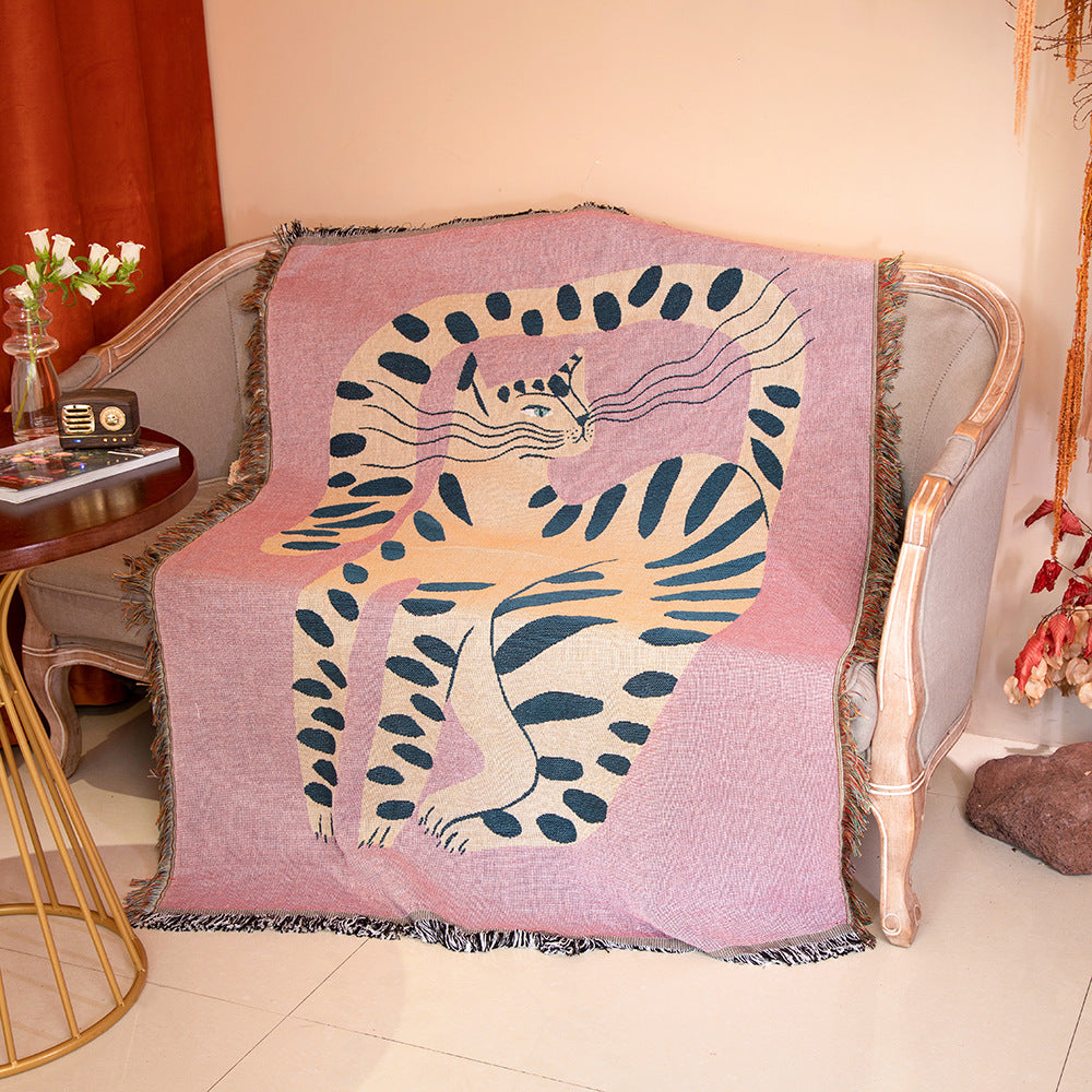Boho Abstract Cat Jacquard Throw Blanket Artistic Leopard Print Woven Tapestry with Fringe Bohemian Animal Print Decor Throw by HARMONYA STORE