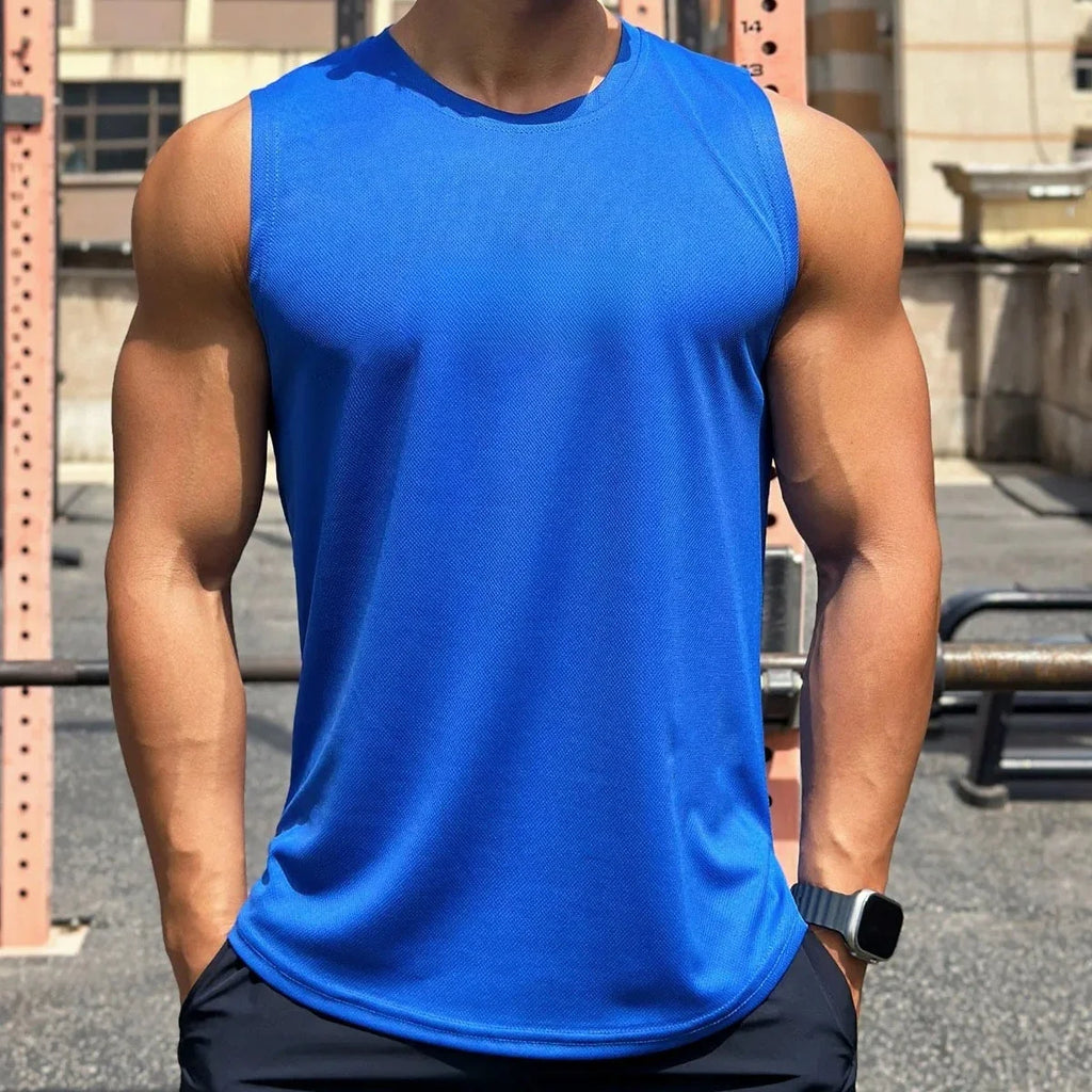 Summer New Trend Men's Pullover Round Neck Mesh Bottom Shirt Sports Fitness Swimming Running Shirt Sleeveless Vest Quick Dry by HARMONYA STORE