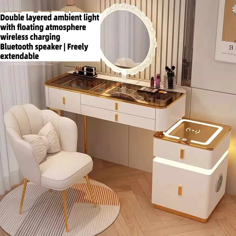 Modern Minimalist Dressing Table Woman Makeup Desk Bedroom Wireless Charging Bedside Table Mirror Stool Comfortable Furniture by HARMONYA STORE