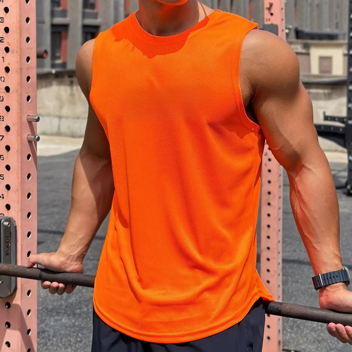 Summer New Trend Men's Pullover Round Neck Mesh Bottom Shirt Sports Fitness Swimming Running Shirt Sleeveless Vest Quick Dry by HARMONYA STORE