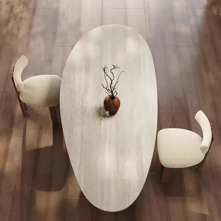 French medieval style water drop-shaped travertine rock slab dining table walnut solid wood home retro silent wind solid wood di by HARMONYA STORE