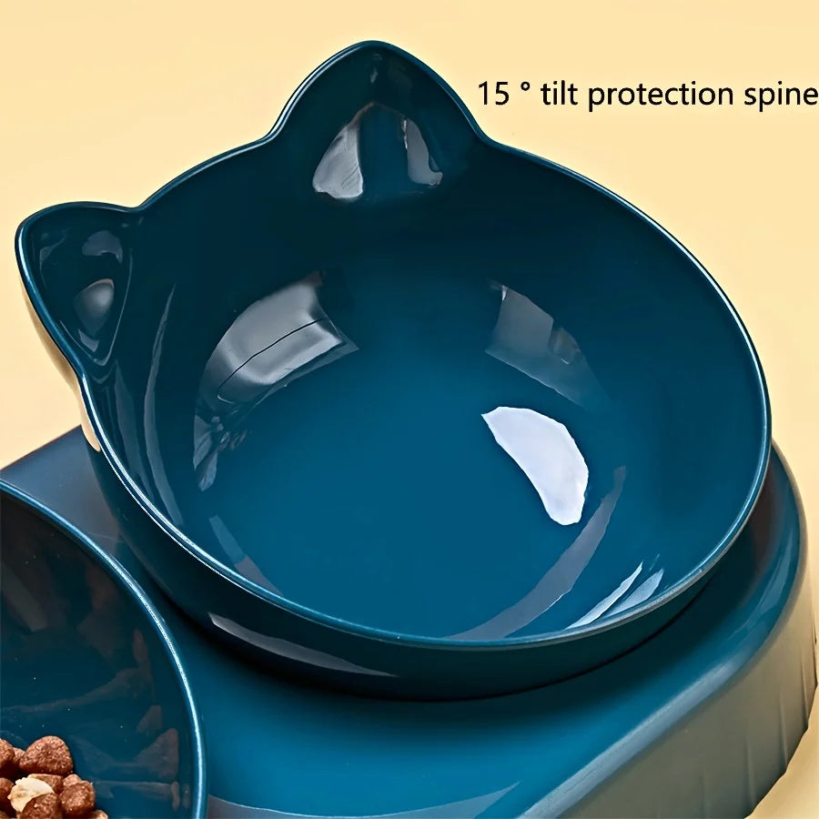 Pet Bowls With Water Feeder, 3 In 1 Ear Design Tilted Cat Water And Food Bowl Set With Gravity Water Bottle For Neck Protection by HARMONYA STORE