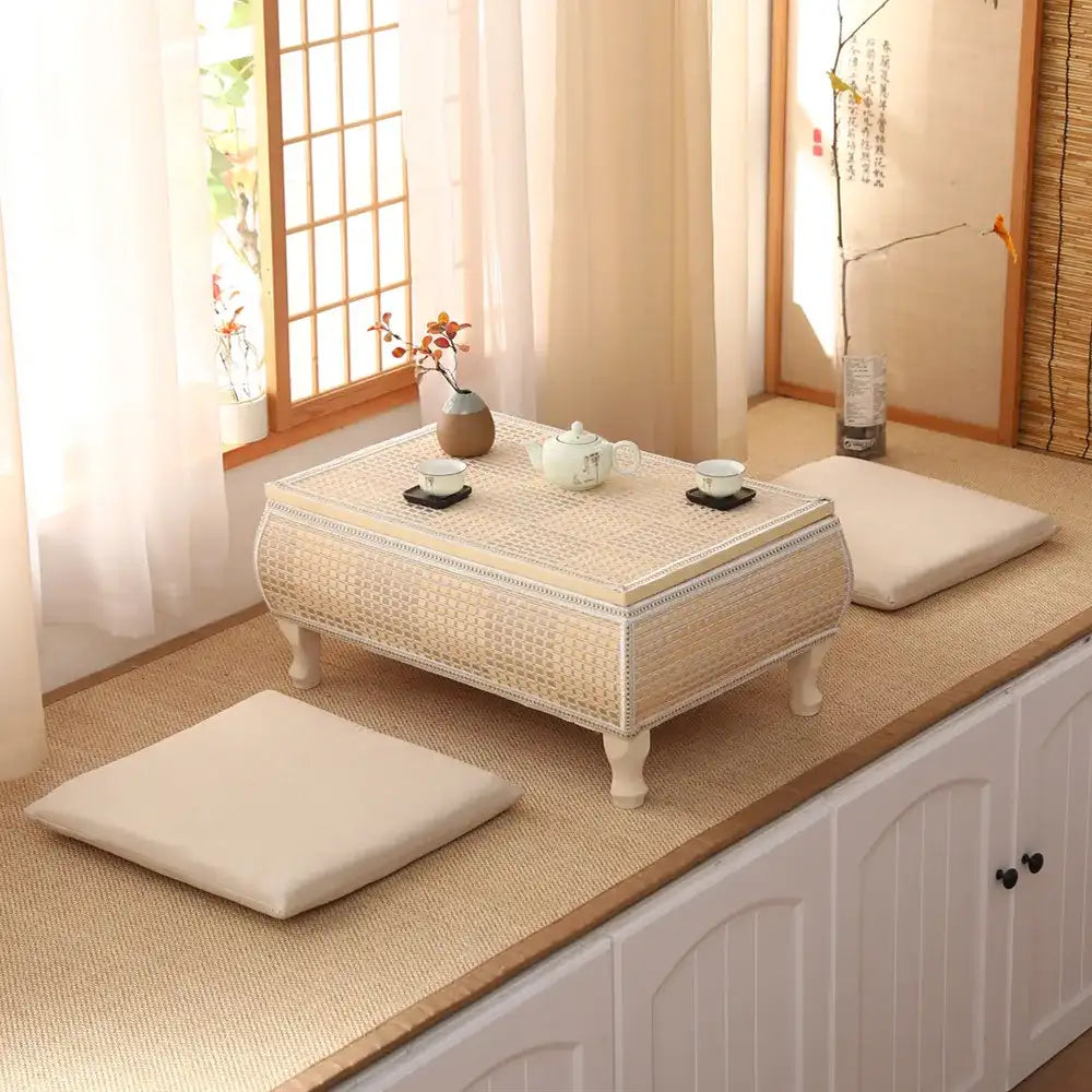 Handwoven Rattan Tatami Stand Minimalist Bay Window Tea Table Solid Wood Desk Rustic Furniture Window-Side Table by DSERS