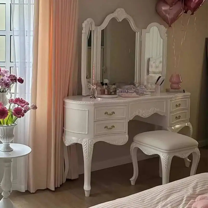 Wooden Luxury Vanity Table Dest European Hidden Glass Modern Dressing Table White Saving Makeup Tafel Furnitures For Bedroom by HARMONYA STORE