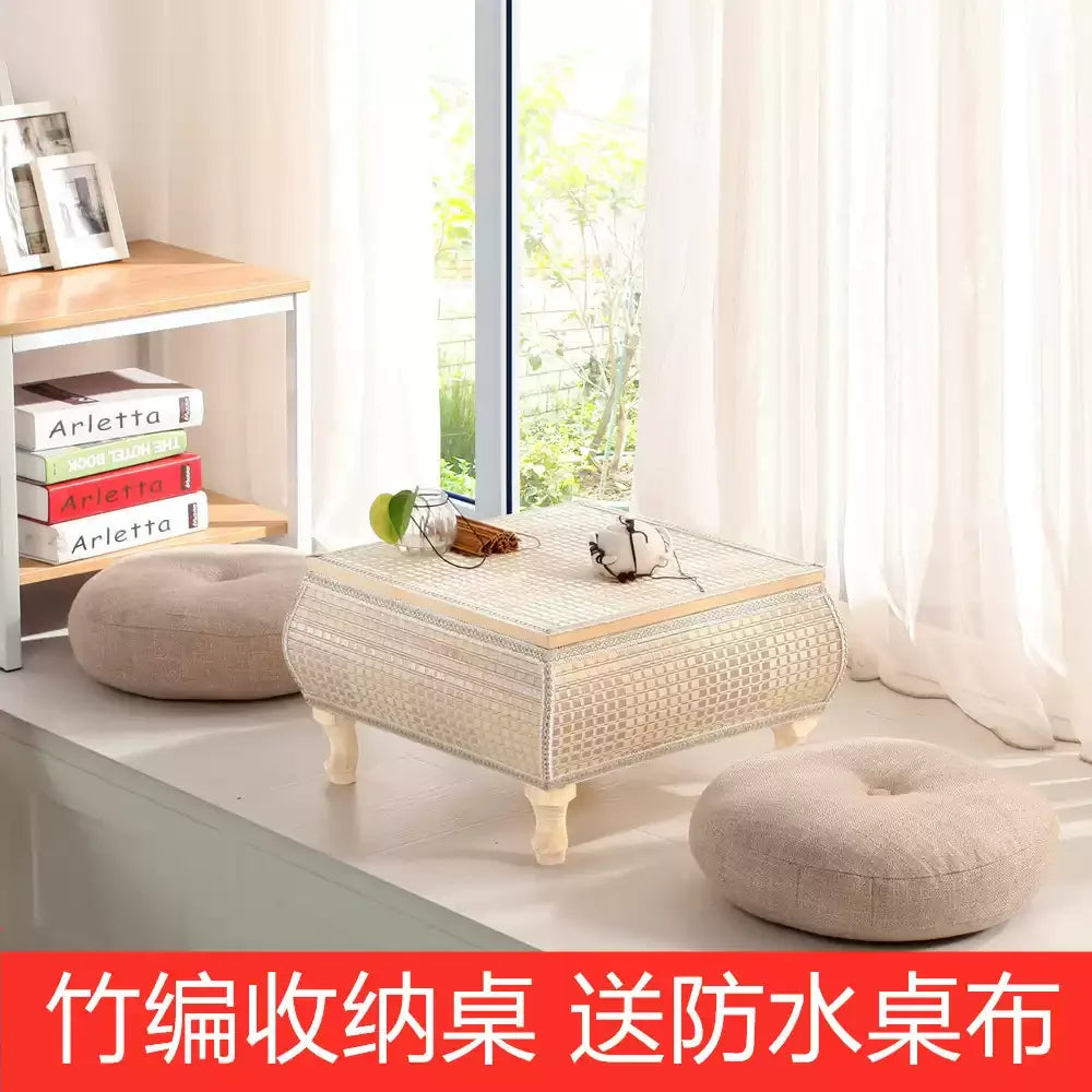 Handwoven Rattan Tatami Stand Minimalist Bay Window Tea Table Solid Wood Desk Rustic Furniture Window-Side Table by HARMONYA STORE