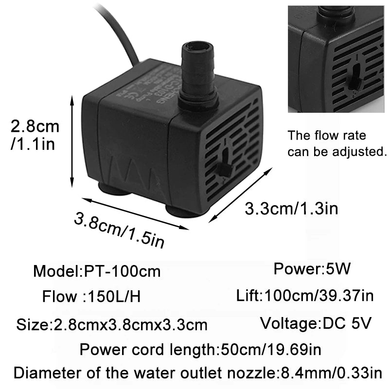 Ultra Quiet USB Aquarium Fish Tank Filtration Pump Mini Pet Fountain Submersible Adjustable Flow Water Circulation Pump 5V 5W by HARMONYA STORE