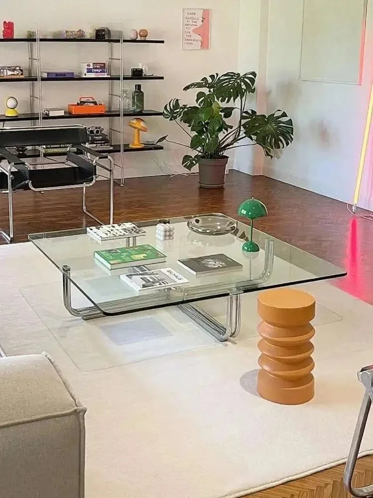 Transparent Square Glass Coffee Table, Stainless Steel Low Table by HARMONYA STORE