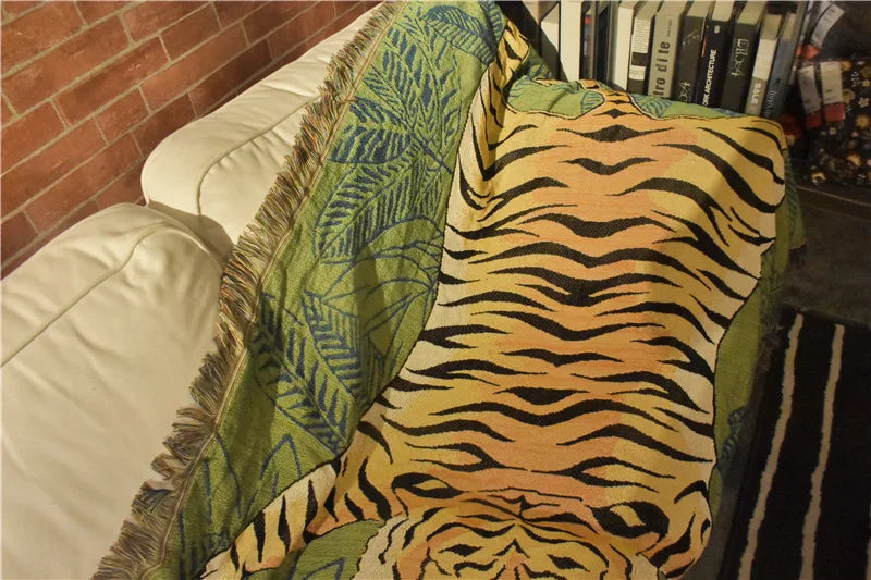 Textile City Jungle Green Tiger Throw Blanket Tropical Palm Leaf Woven Tapestry Wild Animal Safari Decorative Sofa Throw Blanket by HARMONYA STORE