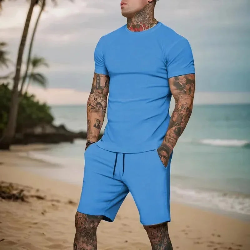 2025 summer new men's breathable sportswear short sleeved t-shirt and shorts set popular quick drying clothing by HARMONYA STORE